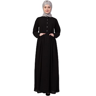 Designer abaya with front pocket-Black